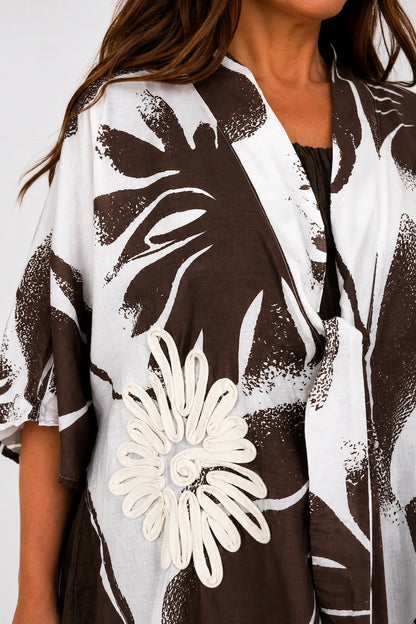 Tie Front Embroidered Floral Detail Batwing Alexa Cover Up - Chocolate