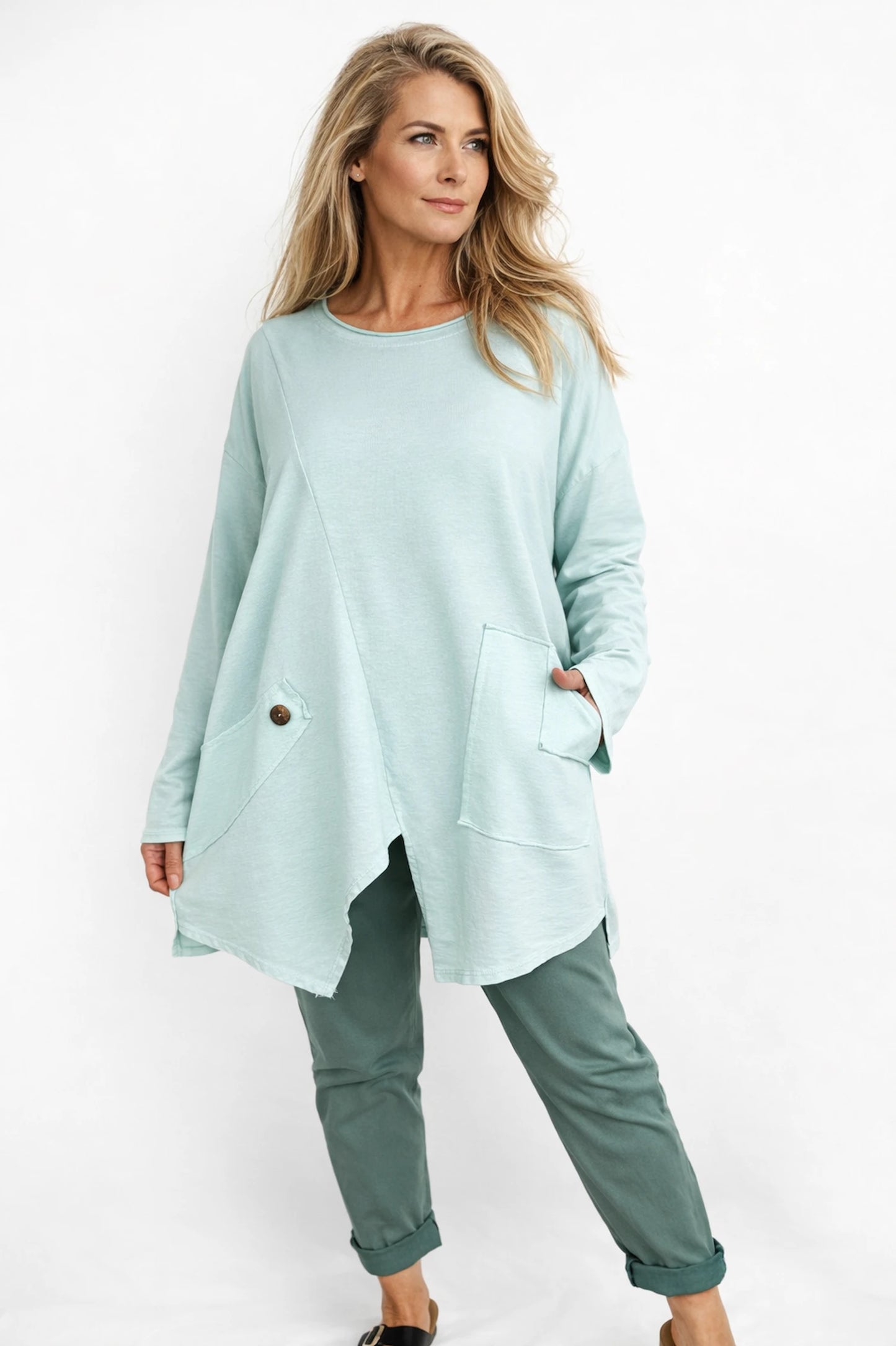 Cotton Button Detail Kara Pocket Sweatshirt - Mint