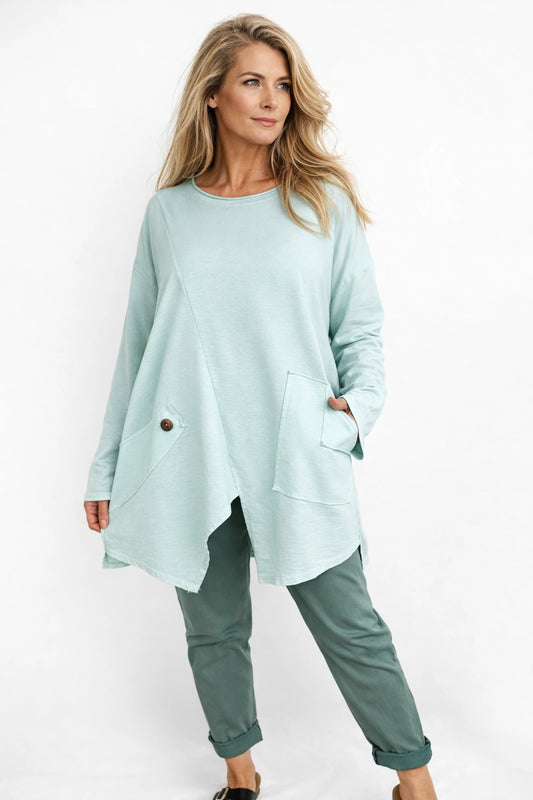 Cotton Button Detail Kara Pocket Sweatshirt - Mint