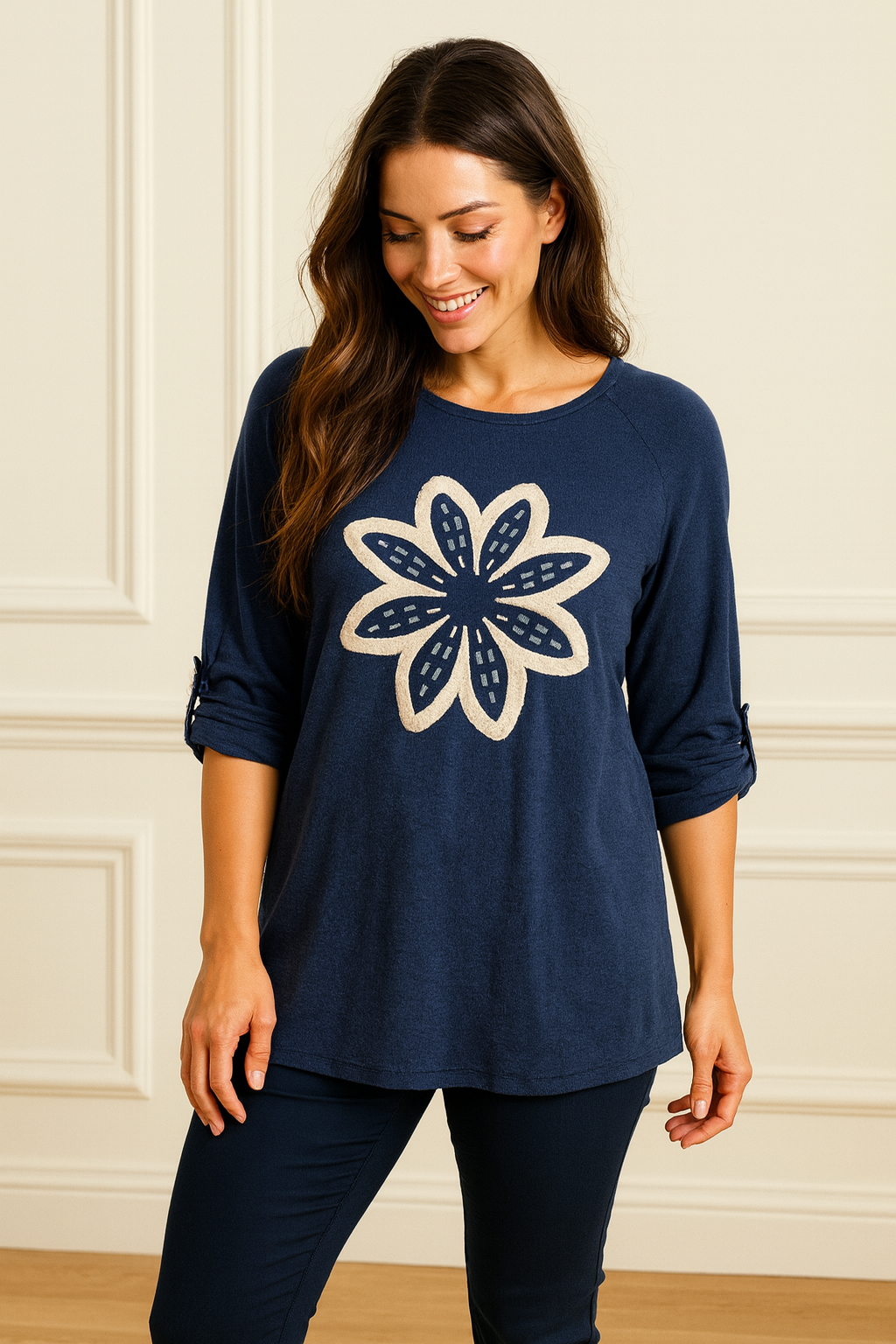 Luxury Knit Button Sleeve Sasia Sparkle Flower Top - Navy