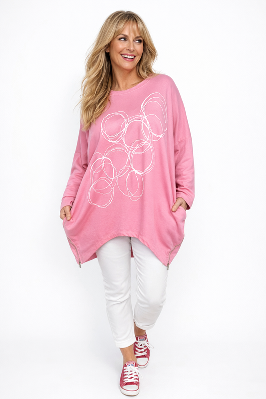 Pure Cotton Diamanté Detail Zipped Side Double Pocket Mariana Sweatshirt - Baby Pink