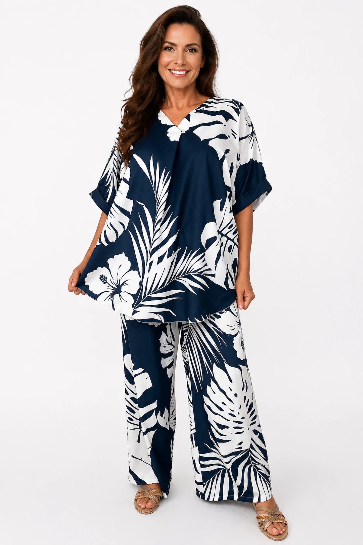 Tropical Print Lightweight Flow Carrisa Top - Navy