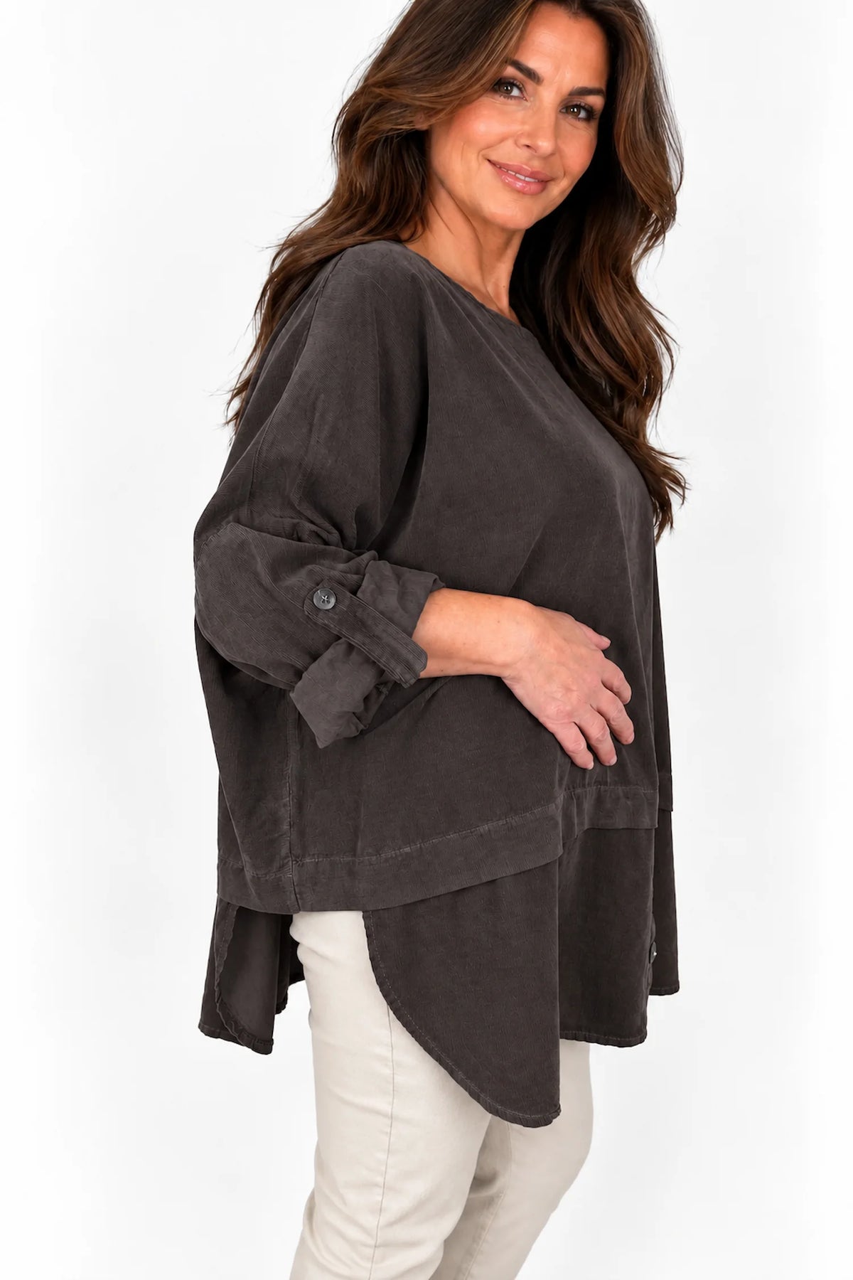 Pure Cotton Needlecord Button Sleeve Button Detail Riviera Top - Chocolate