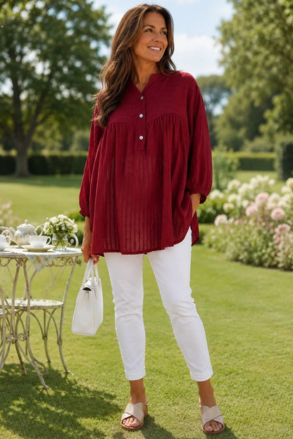 Pure Cotton Elasticated Sleeve Venice Button Shirt - Italia Red