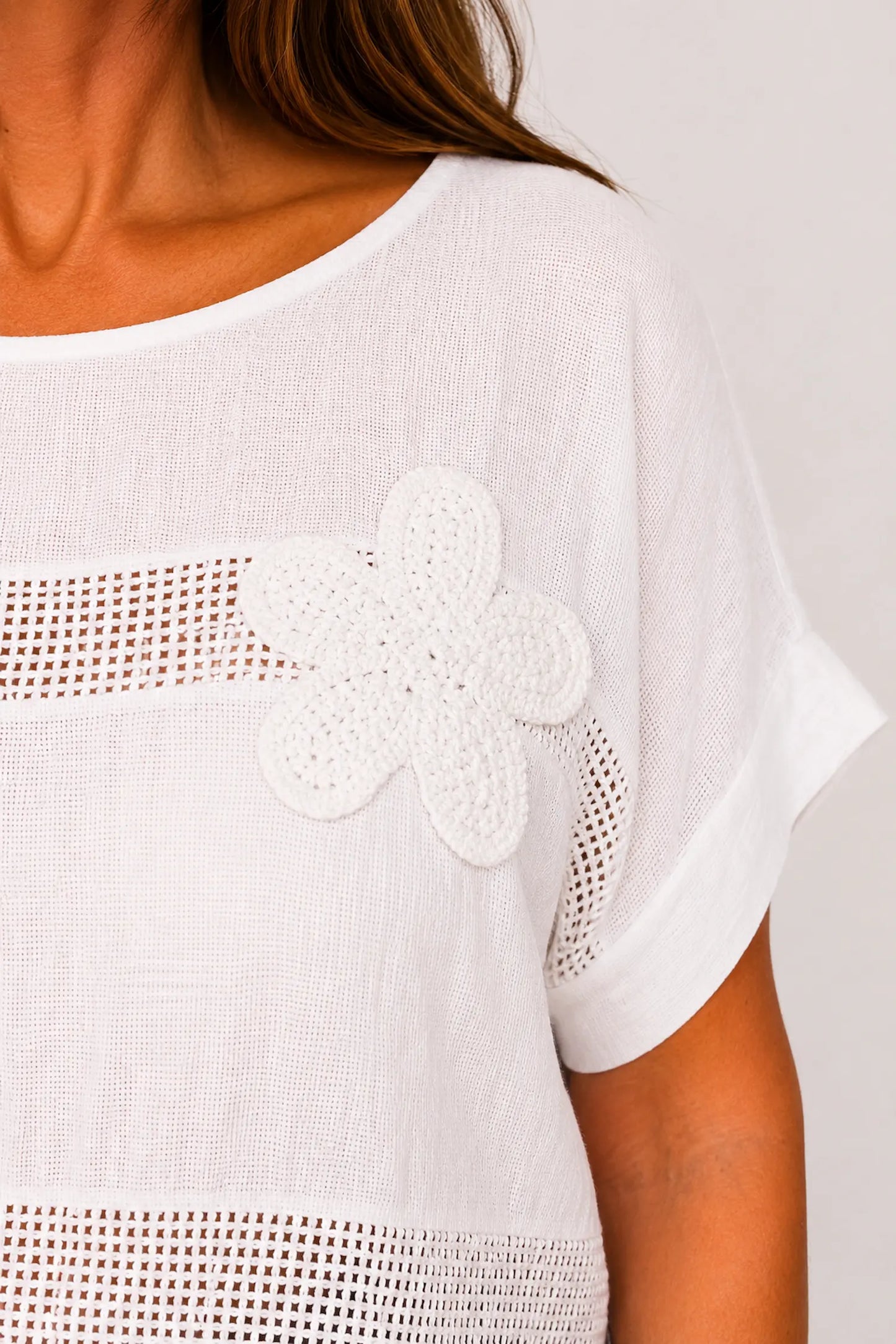 Pure Cotton Embroidered Flower Mesh Detail Capari Top - White