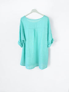 Pure Cotton Linen Look Button Detail Lilliana Pocket Top - Mint