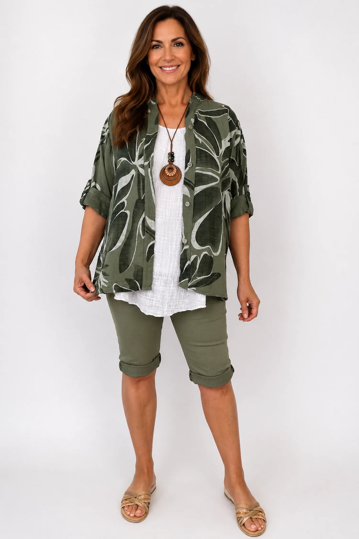 Pure Cotton Allegra Button Sleeve Button Shirt - Khaki