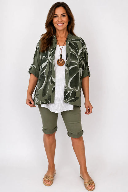 Pure Cotton Allegra Button Sleeve Button Shirt - Khaki