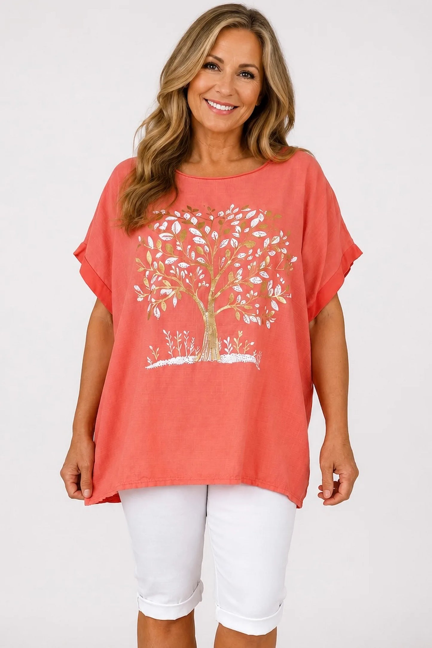 Linen Cotton Mix Diamanté Golden Leaf Carletta Top - Coral