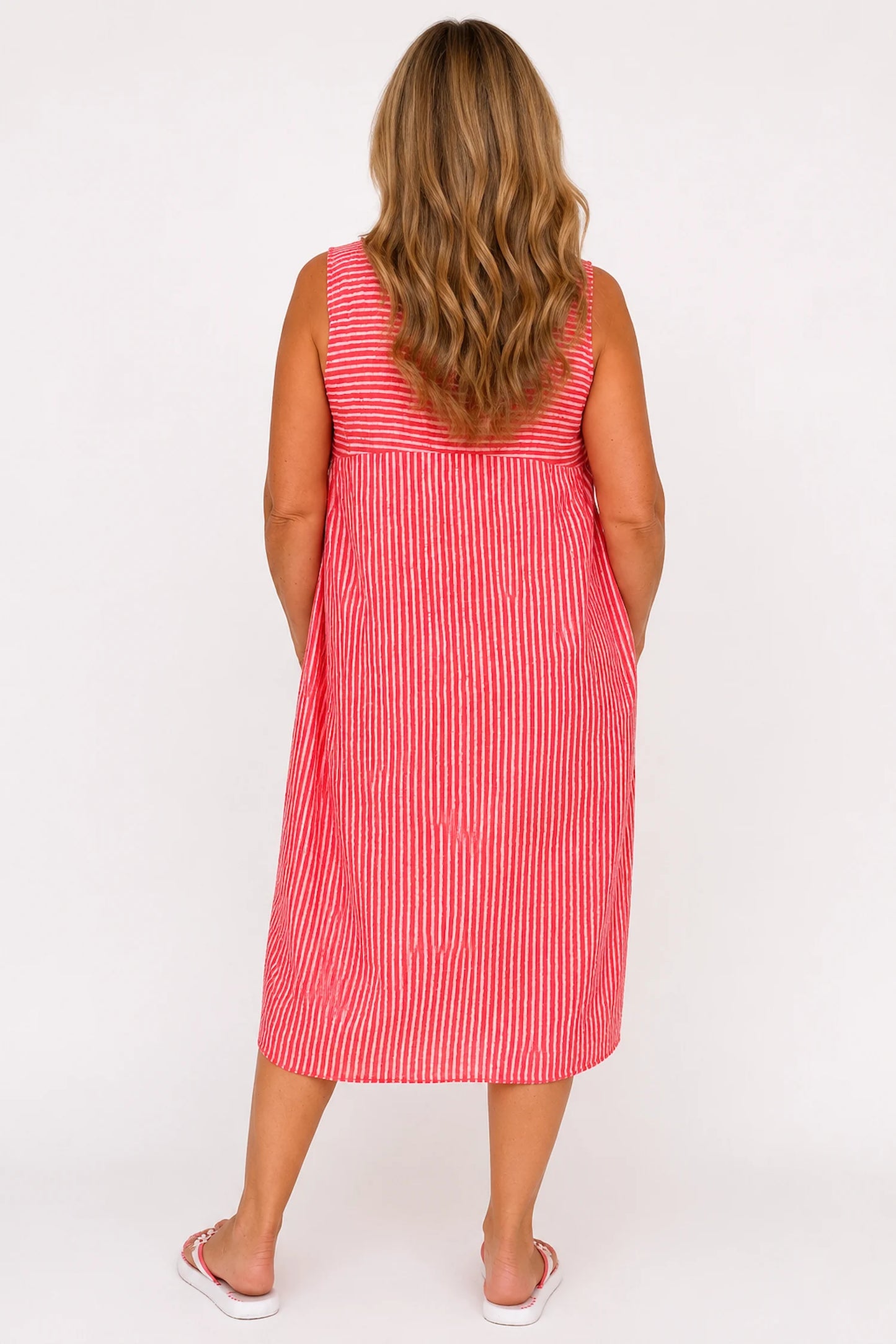 Cotton Double Pocket Pinstripe Elizabeth Dress - Coral