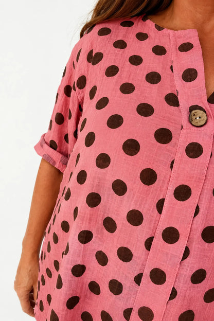 Pure Cotton Polka Dot Kara Button Shirt - Coral