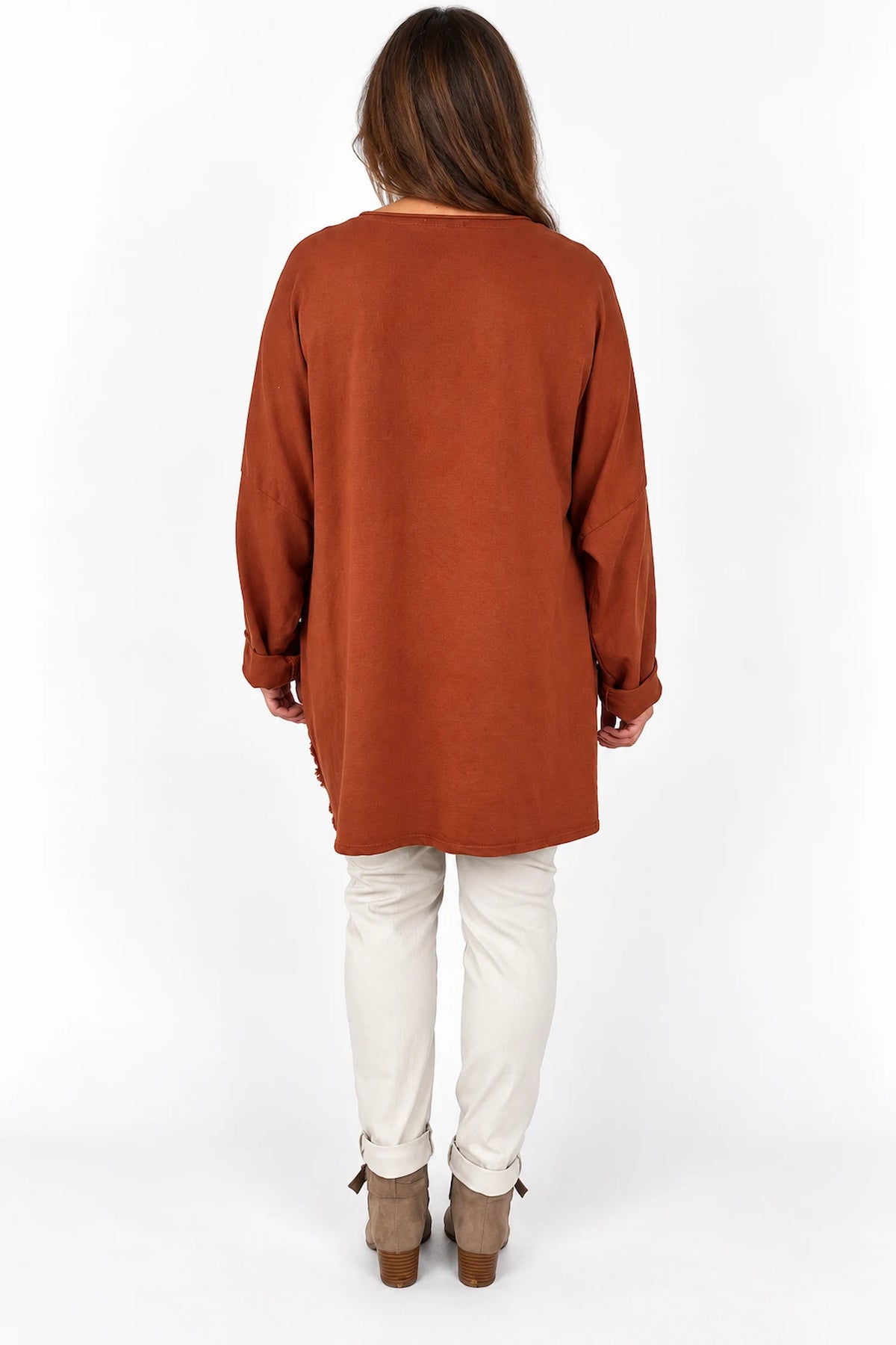 Cotton Button Detail Embroidery Anglaise Needlecord Hem Italia Top - Burnt Orange