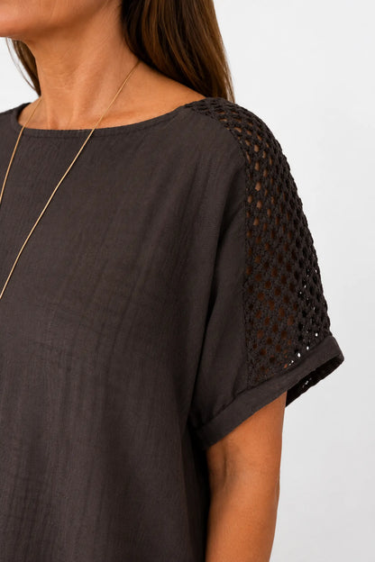 Pure Cotton Crochet Detail Francesca Necklace Top - Chocolate