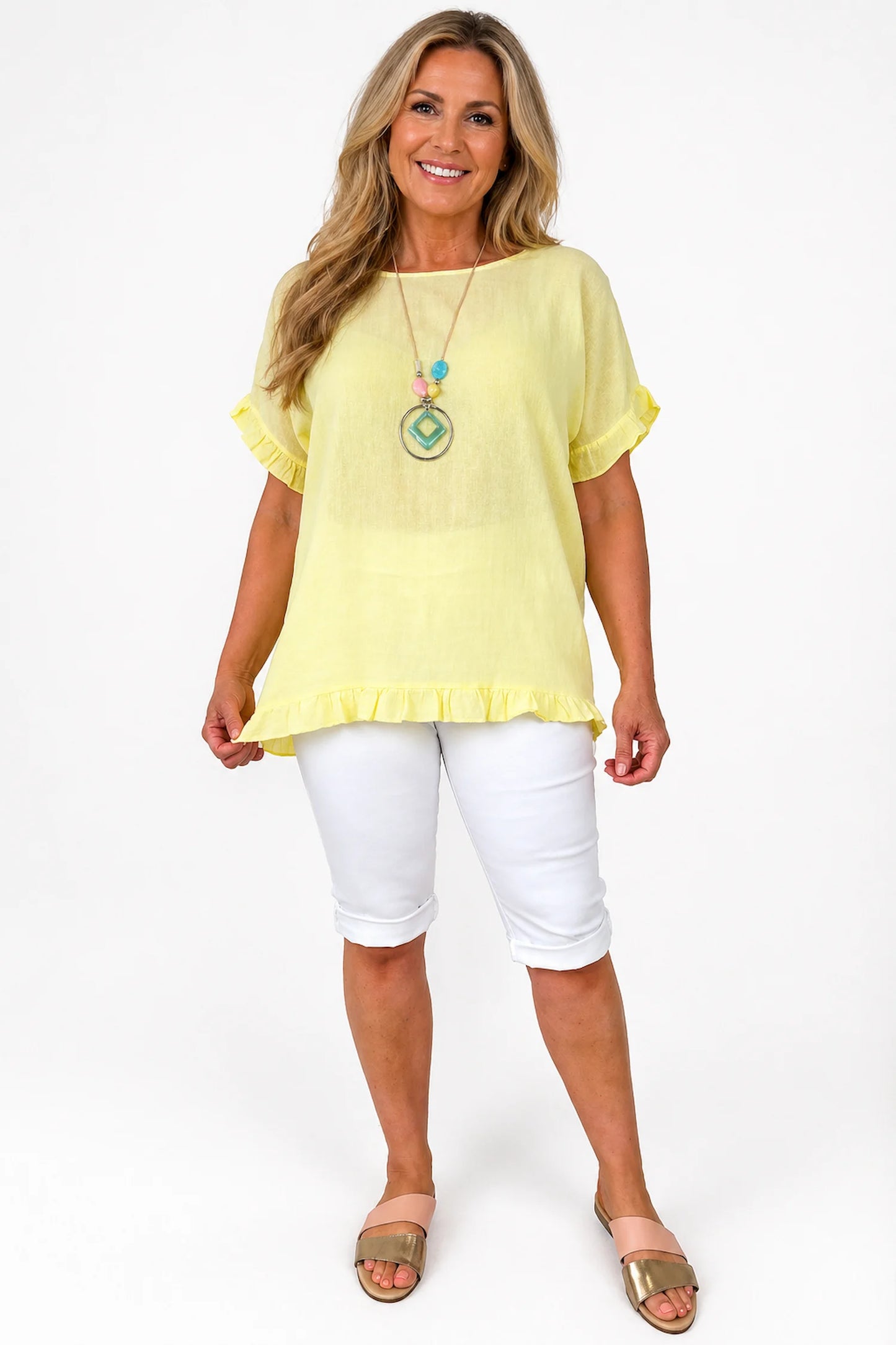 Linen Cotton Mix Frill Sleeve And Hem Iris Necklace Top - Lemon