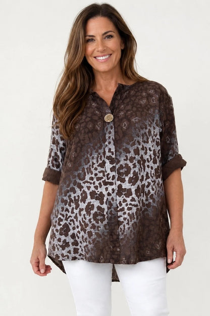 Pure Cotton Leopard Felicity One Button Shirt - Chocolate