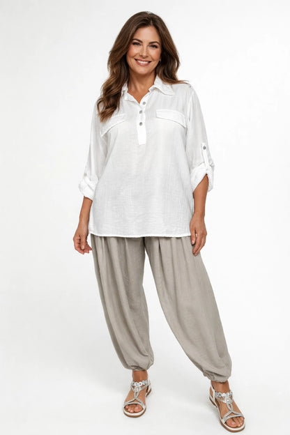 Softly Textured Button Sleeve Flap Detail Lunara Shirt - White