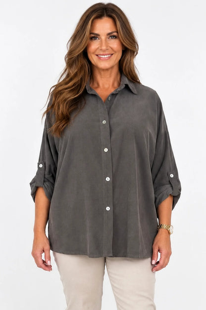 Pure Cotton Needlecord Button Sleeve Milan Button Shirt - Mocha