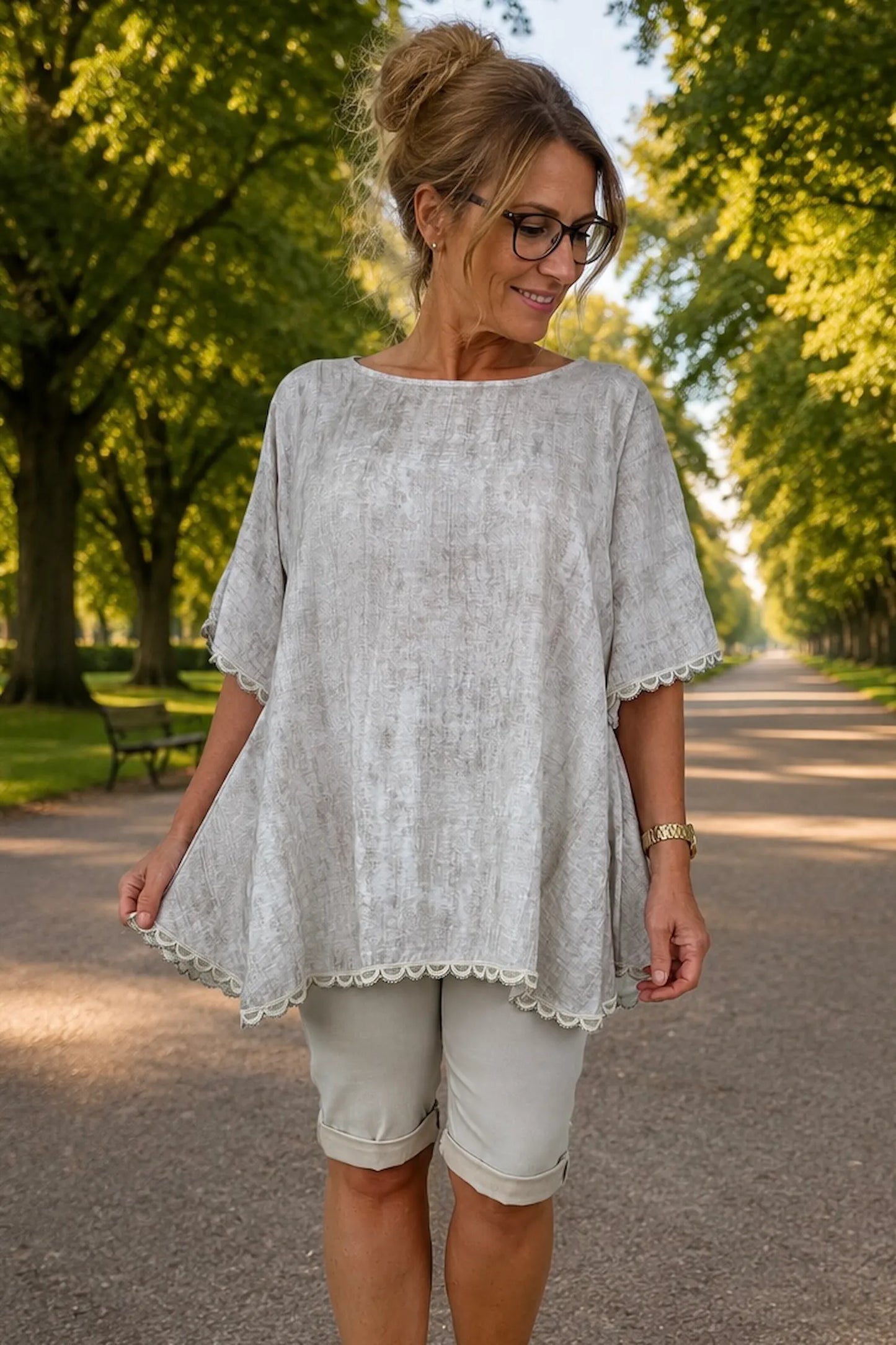 Lightly Textured Lace Trim Victoria Top - Washed Stone
