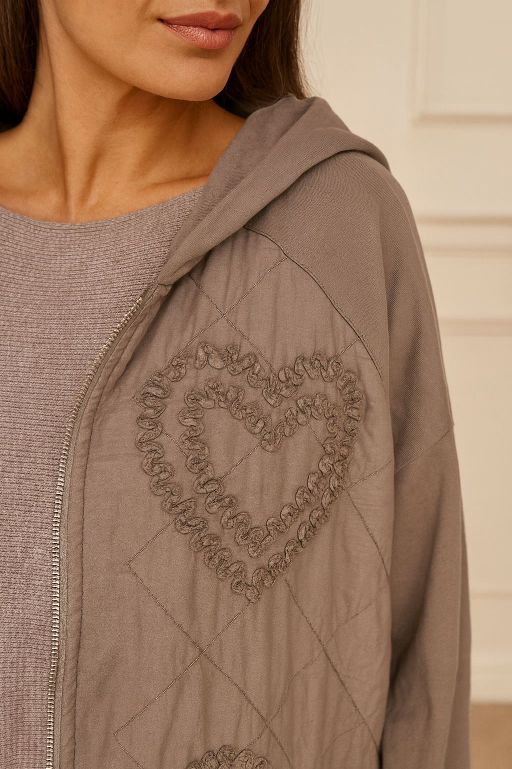 Cotton Embroidered Heart Amélie Hooded Jacket - Mocha