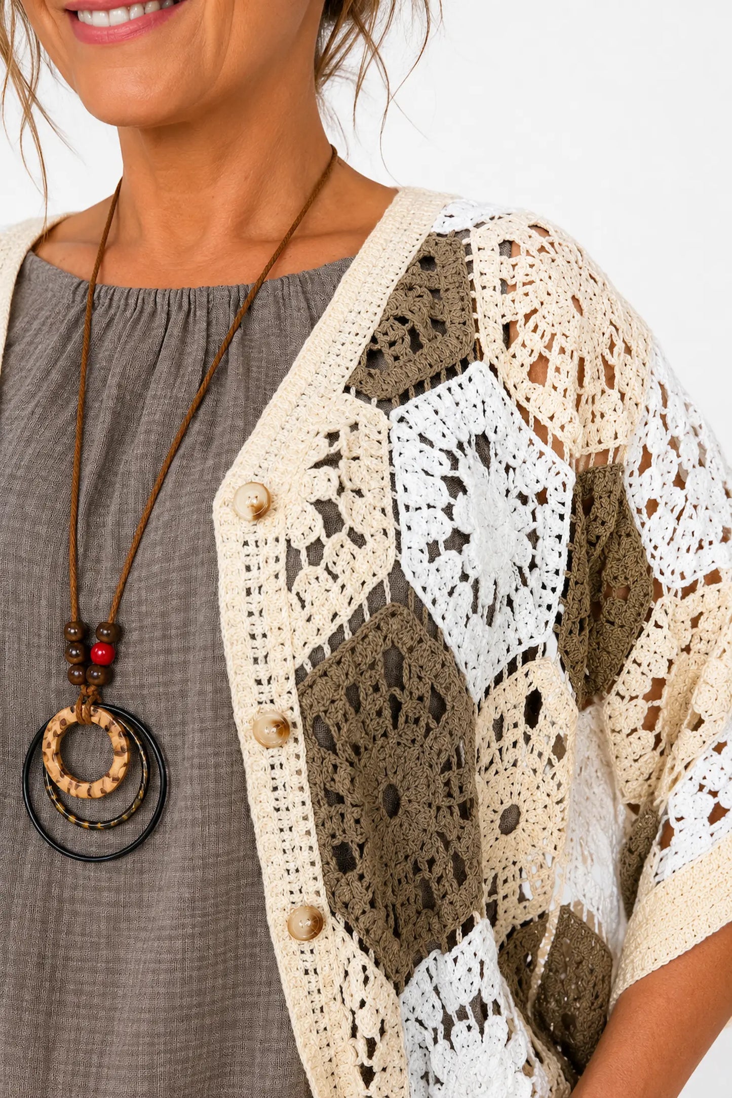 Pure Cotton Batwing Crochet Button Carmella Cardigan - Mocha