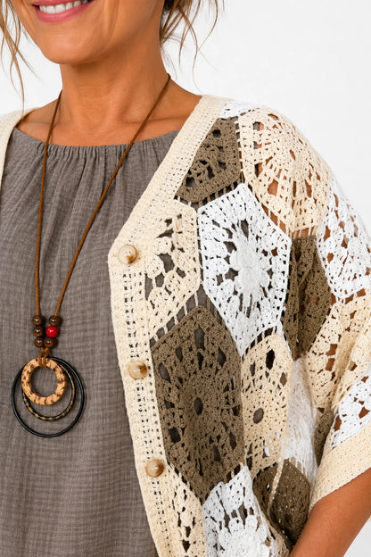 Pure Cotton Batwing Crochet Button Carmella Cardigan - Mocha