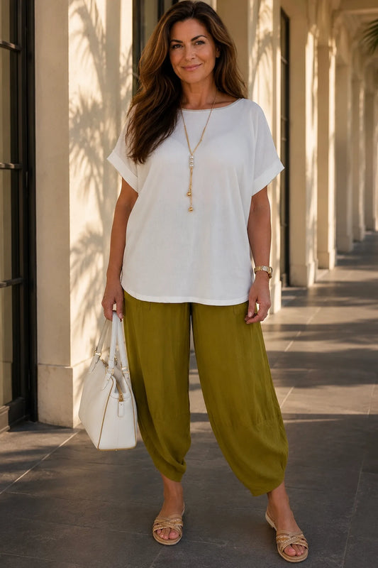 Fine Ribbed Gold Trim Sophia Necklace Top - White