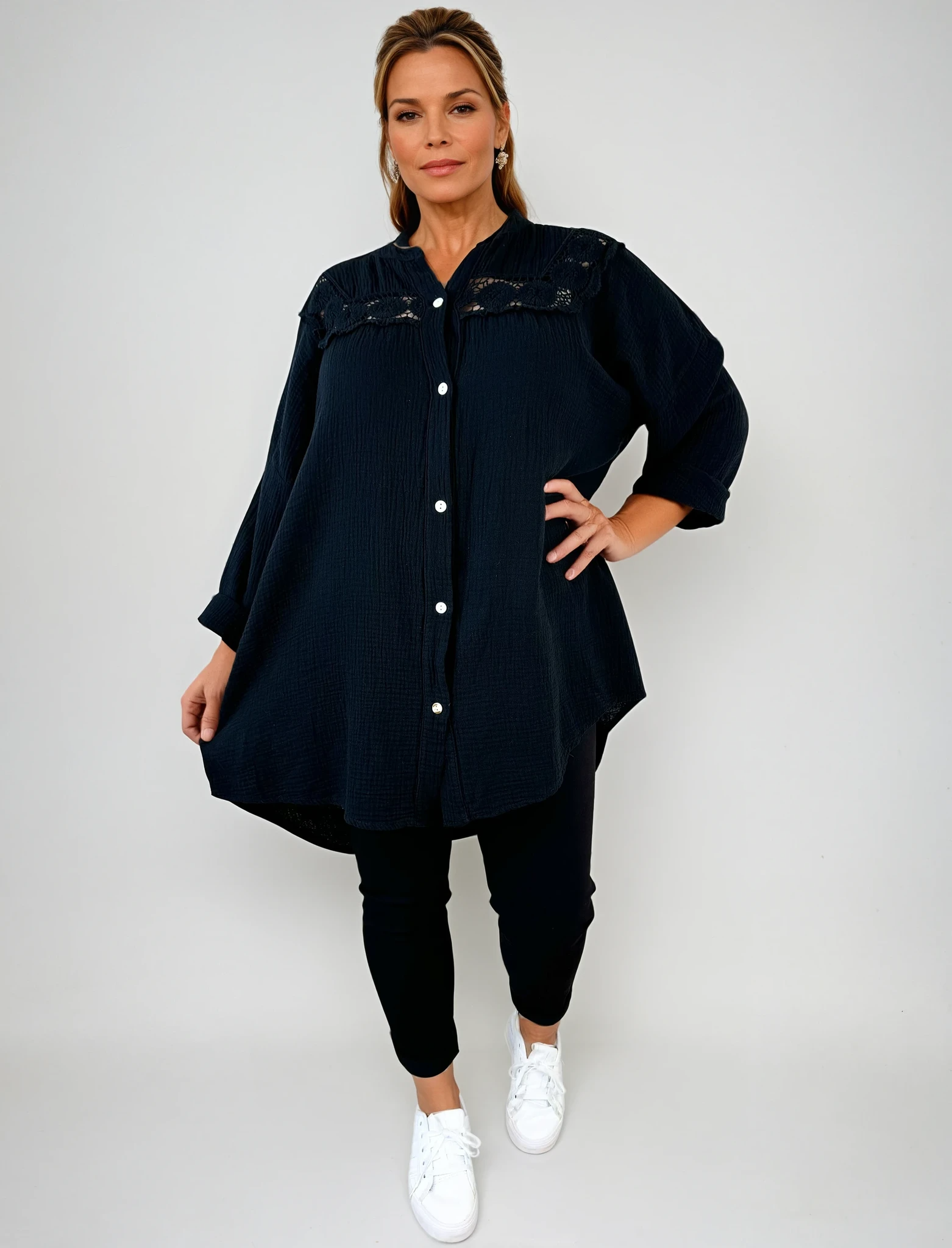 Oversized Bubble Cotton Positano Shirt - Black