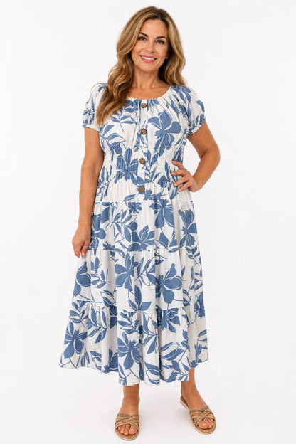 Cotton Button Detail Elasticated Waist Panel Floral Dasia Dress - Powder Blue