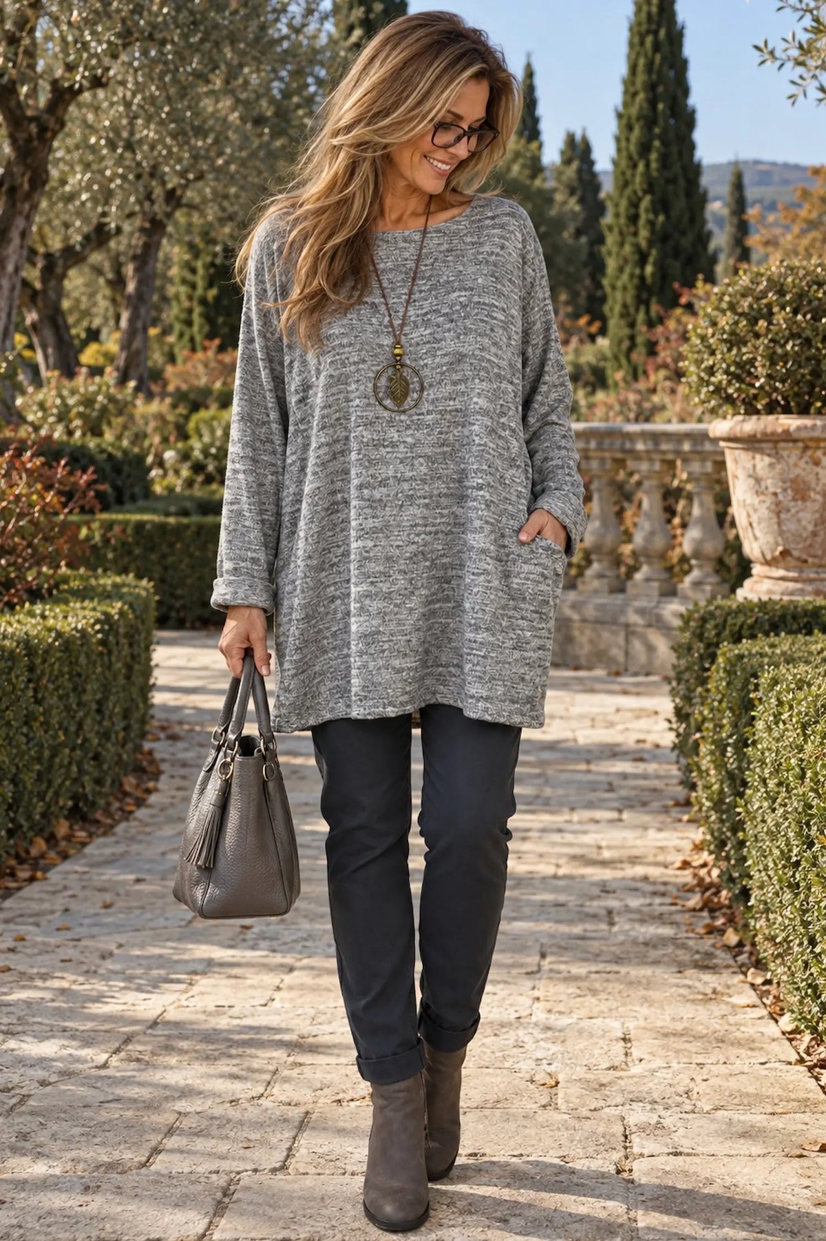 Arabella Tunic Double Pocket Necklace Top - Fleck Grey