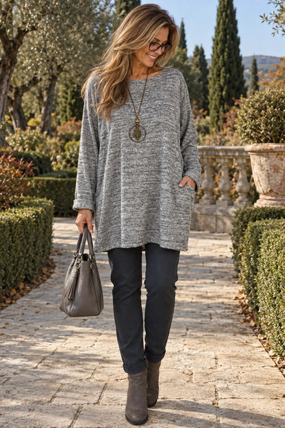 Arabella Tunic Double Pocket Necklace Top - Fleck Grey