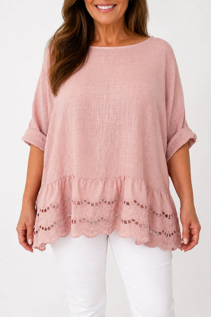 Pure Cotton Embroidery Anglaise Crochet Hem Caprina Top - Rosewood Pink