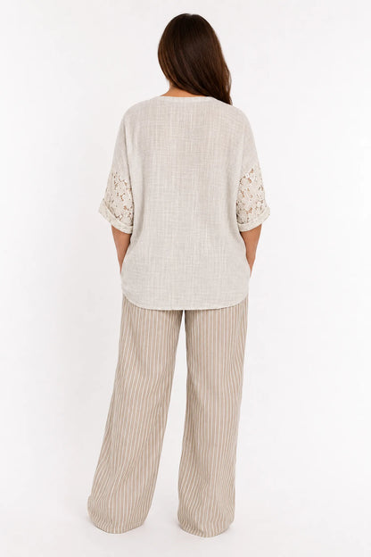 Linen Look Cotton Lace Sleeve Calabri Button Top - Beige