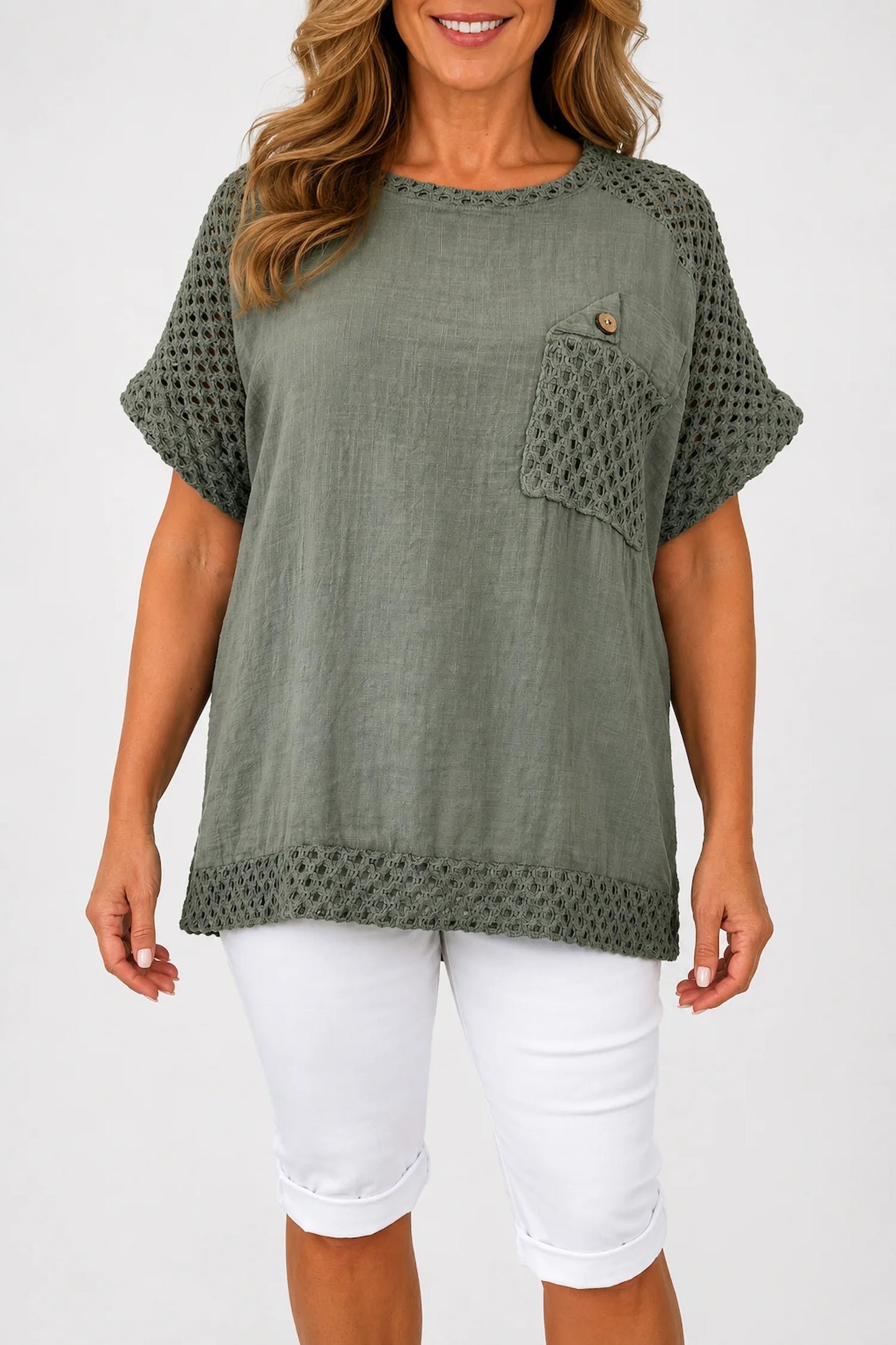 Pure Cotton Crochet Detail Button Pocket Palermo Top - Khaki
