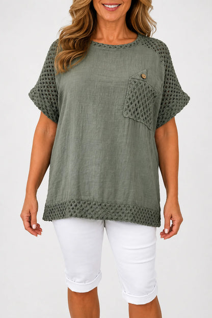 Pure Cotton Crochet Detail Button Pocket Palermo Top - Khaki