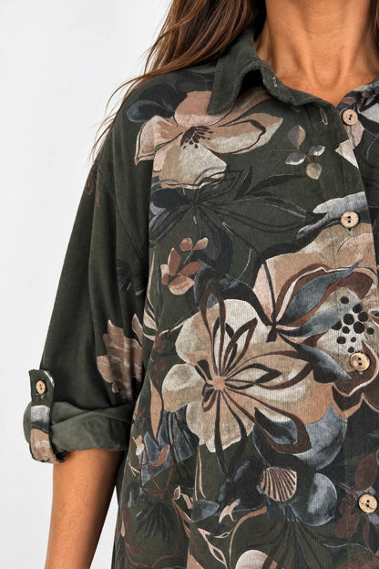 Pure Cotton Needlecord Button Sleeve Dorsia Button Shirt - Khaki