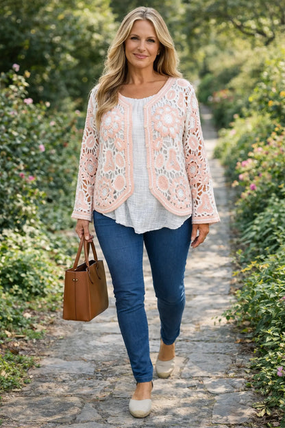 Cotton Angela Crochet Button Cardigan - Baby Pink
