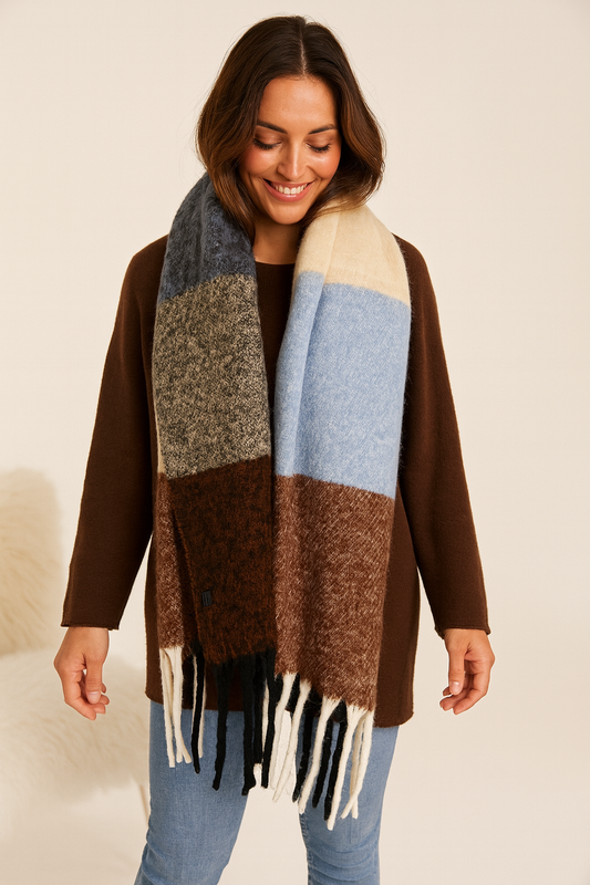 Soft Knit Carli Scarf - Denim/Brown/Cream
