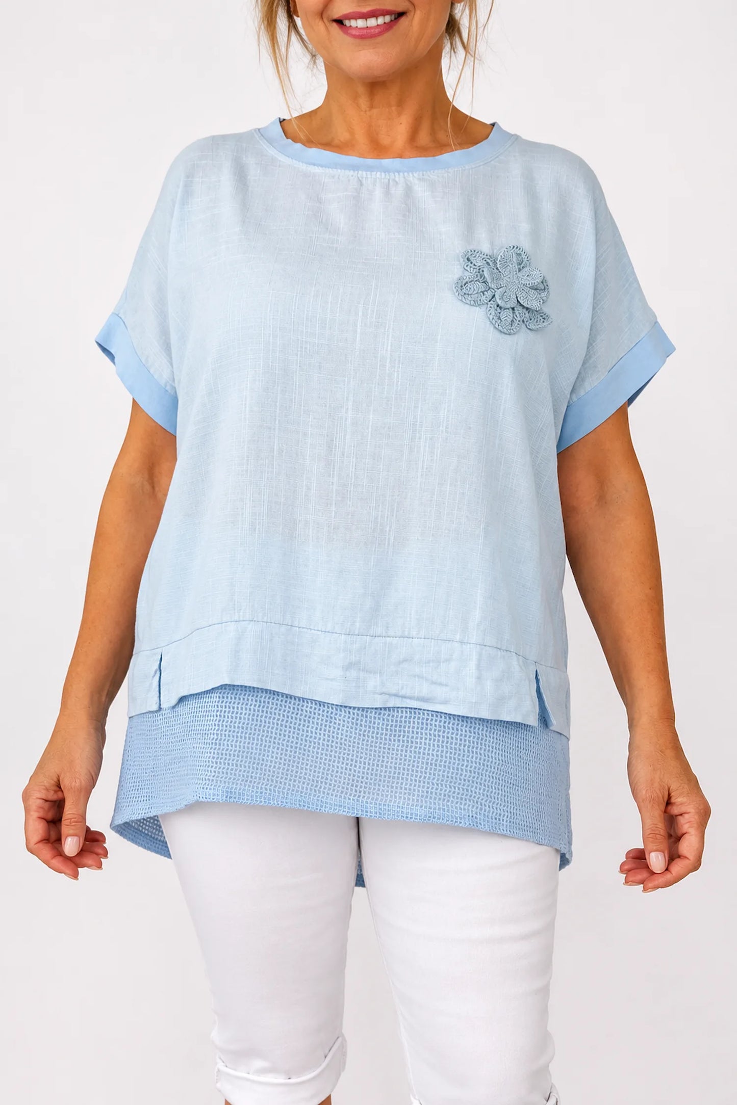 Linen Cotton Mix Mesh Hem Embroidered Flower Tiffany Top - Baby Blue
