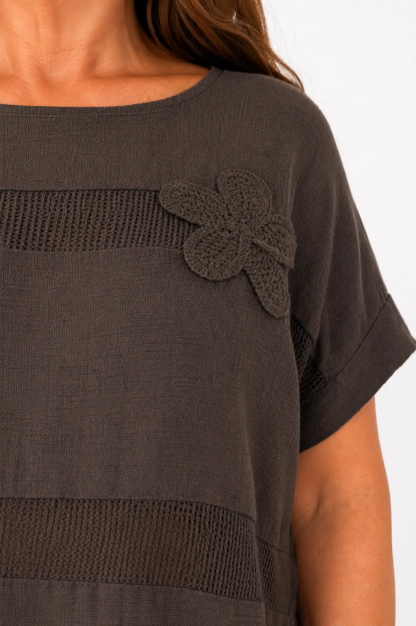Pure Cotton Embroidered Flower Mesh Detail Capari Top - Chocolate
