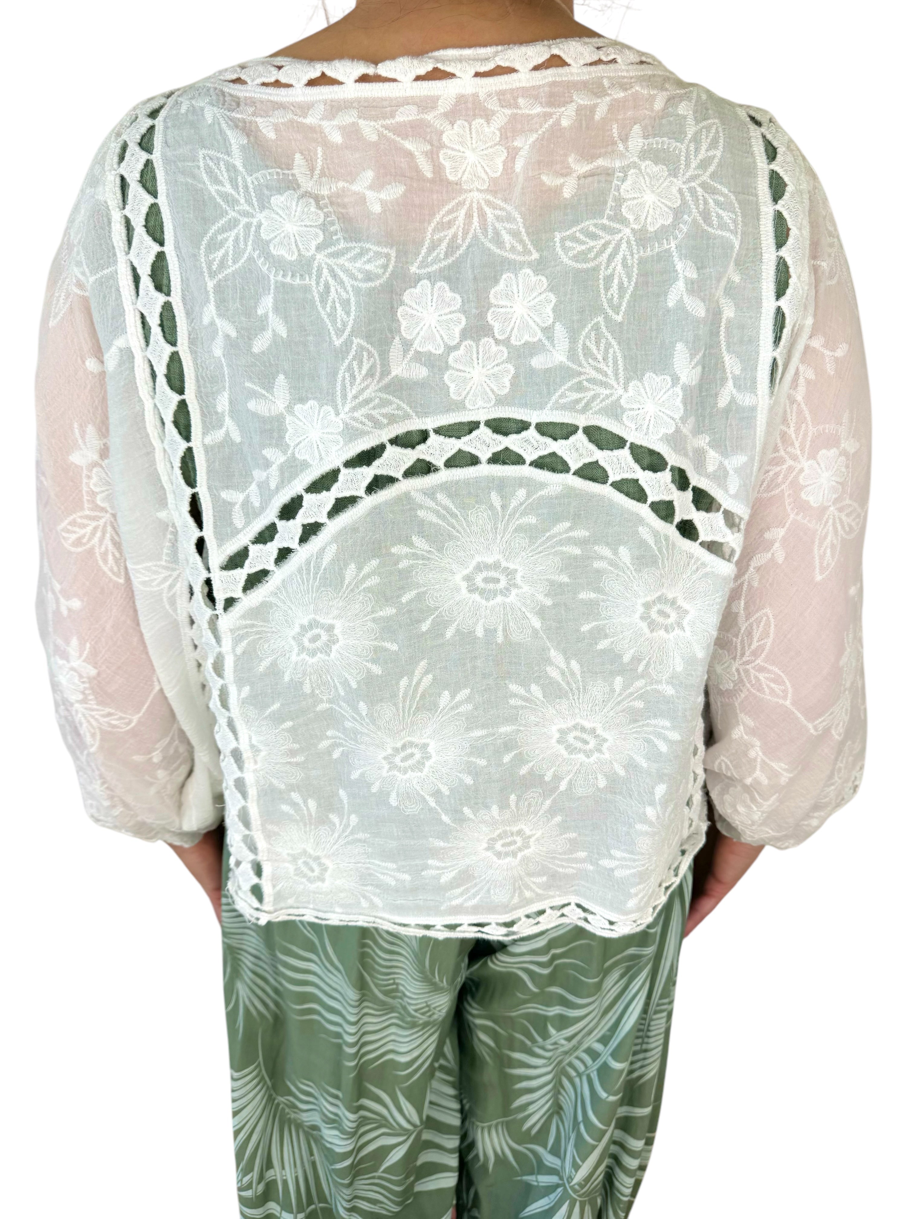 Pure Cotton Embroidery Anglaise Batwing Shrug - White