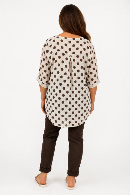 Pure Cotton Polka Dot Kara Button Shirt - Beige