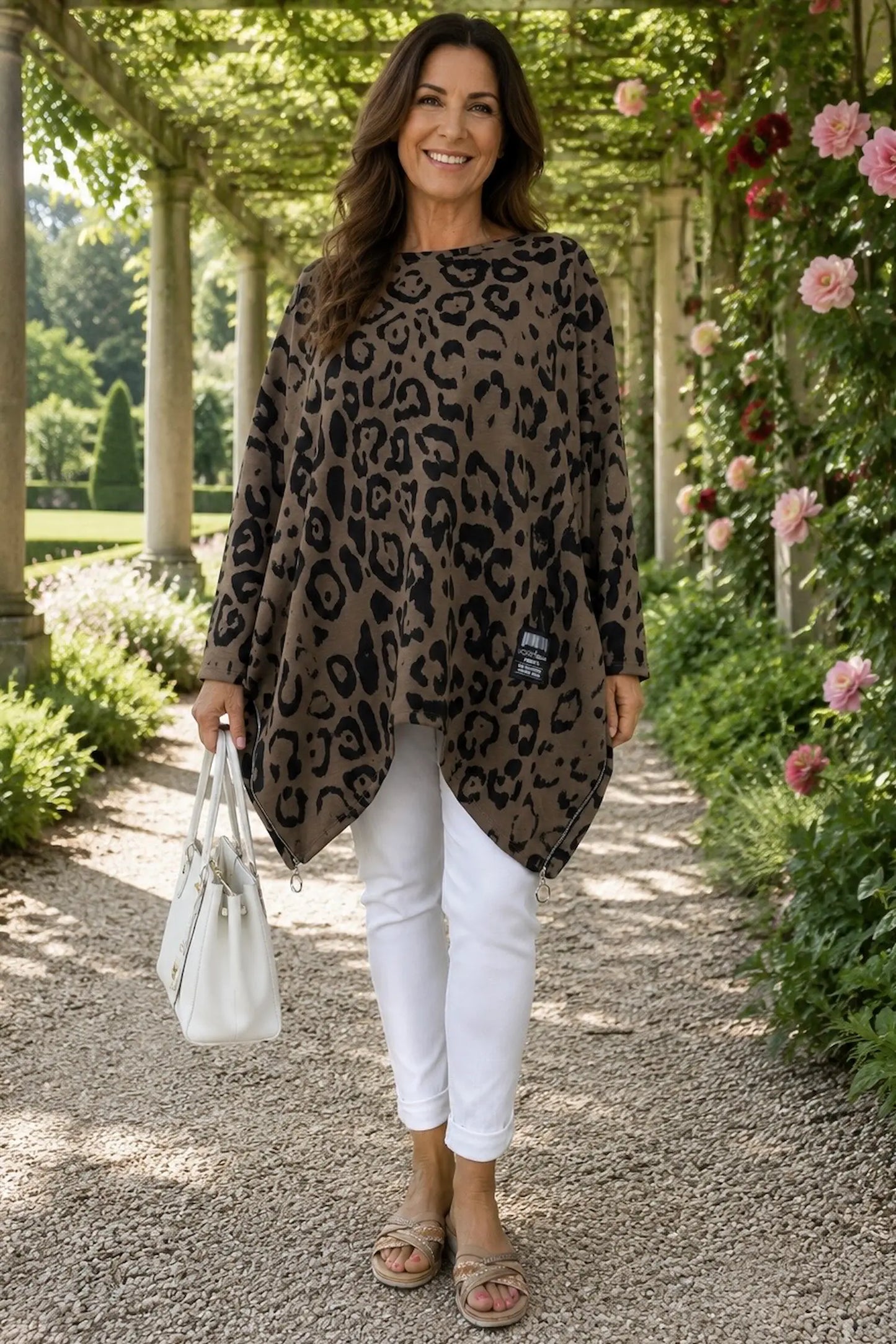 Zip Detail Scuba Leopard Zizzi Tunic Top - Mocha