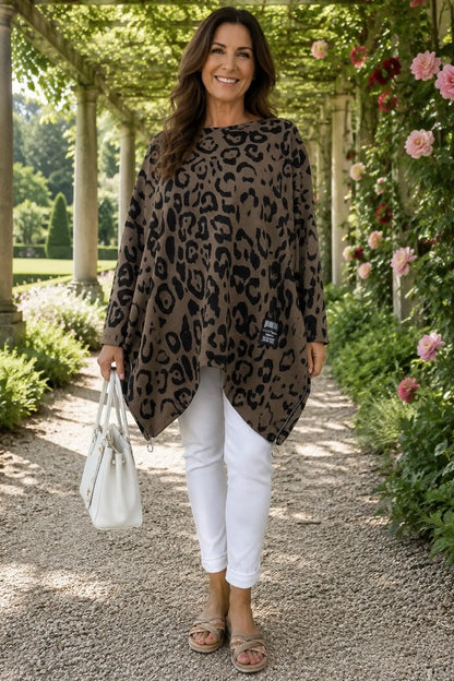 Zip Detail Scuba Leopard Zizzi Tunic Top - Mocha
