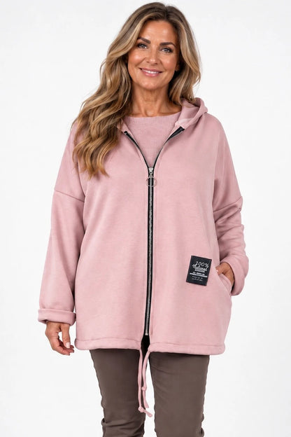 Badge Detail Drawstring Hem Double Pocket Viera Zipped Hooded Jacket - Rosewood Pink