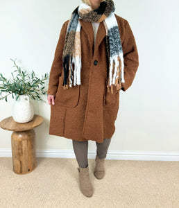 Wool Mix Long Line Double Pocket Teddy Button Coat AW24