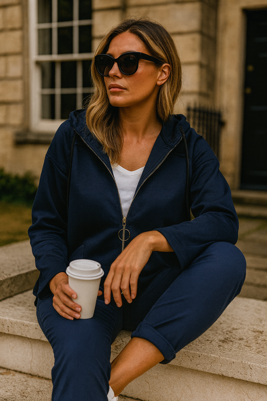 Double Pocket Tie Bottom Detail Zipped Hooded Madeleine Jacket - Navy