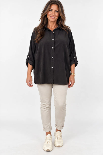 Pure Cotton Needlecord Button Sleeve Milan Button Shirt - Chocolate