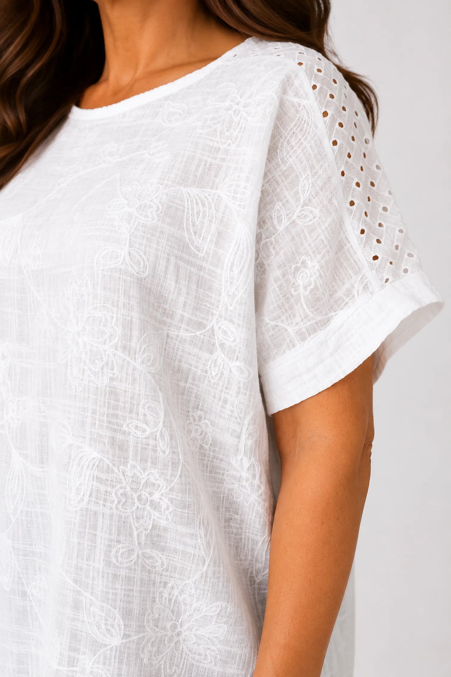 Pure Cotton Embroidery Anglaise Crochet Sleeve Devure Top - White