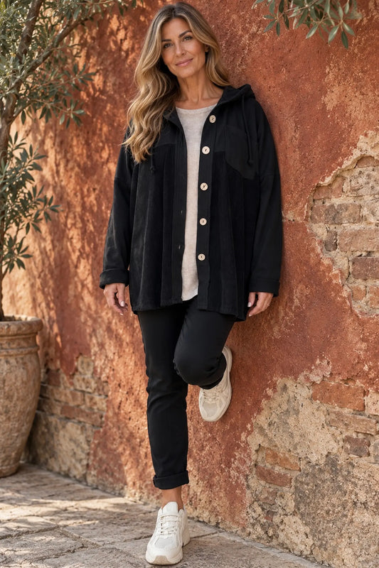 Pure Cotton Cord Patch Pocket Connie Button Hooded Jacket - Black