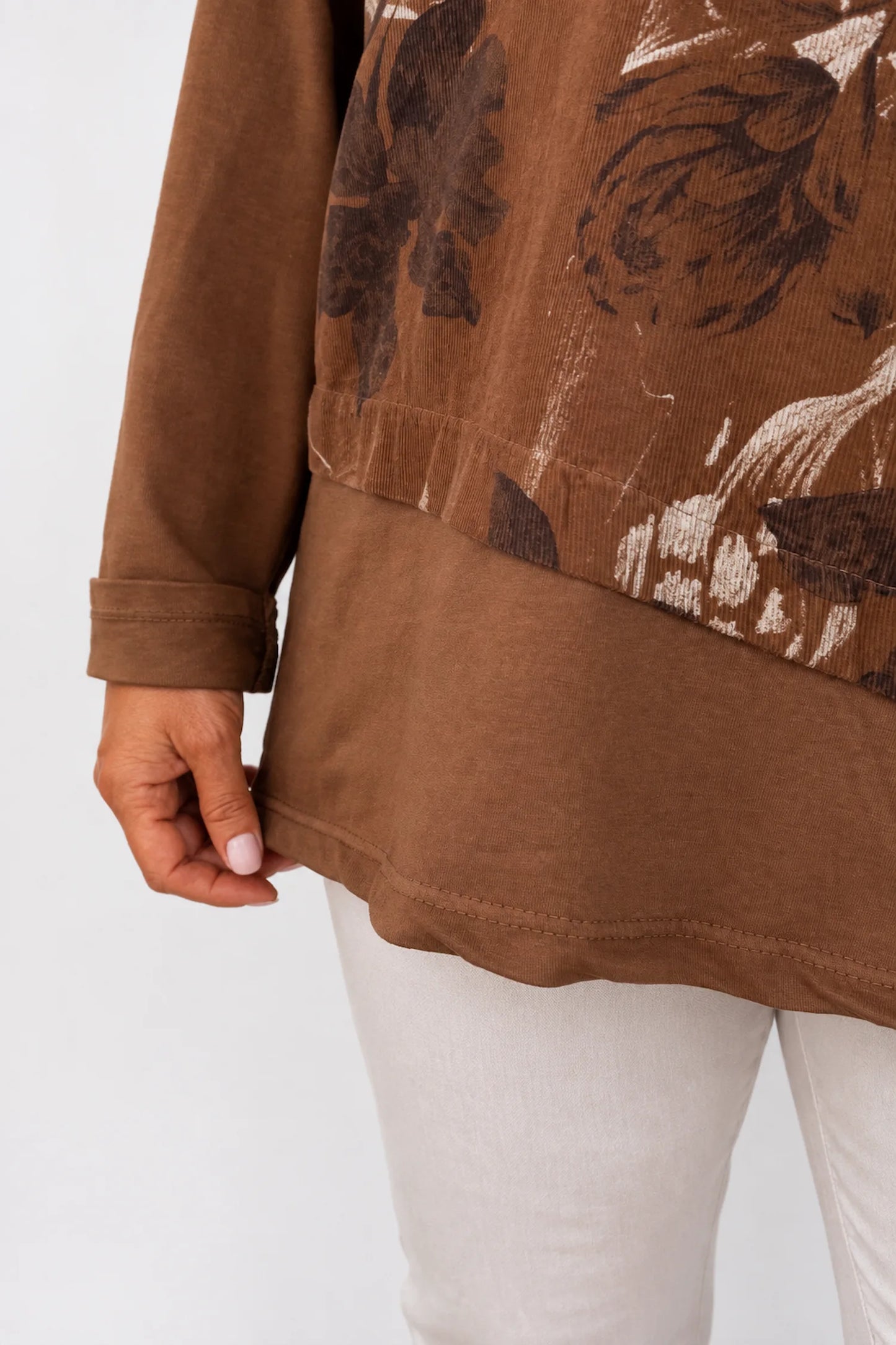 Cotton Needlecord Floral Dianna Top - Caramel